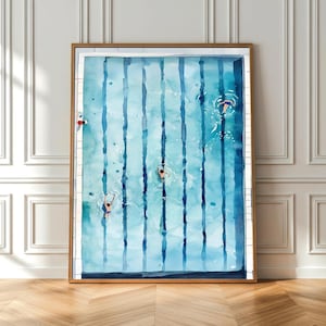 People Swimming in Pool Print, Tiny People Swimming, Modern Sports Poster, Minimalist Water Wall Art, Aquatic Decor,  Gift for Swimmer