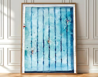 People Swimming in Pool Print, Tiny People Swimming, Modern Sports Poster, Minimalist Water Wall Art, Aquatic Decor,  Gift for Swimmer