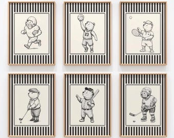 Vintage Sports Teddy Bear Nursery Wall Art Set of 6, Sport Theme Boy Nursery Kid Room Decor, Black and Beige Striped Art Prints for Nursery