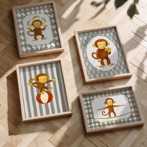 Juego de 4 carteles de monos para pared, pósteres de circo, decoración infantil con temática de circo, regalo divertido para habitación infantil, mono imprimible.
