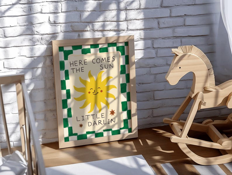 Here Comes The Sun Little Darlin Nursery Print, Boho Sunshine Wall Art, Modern Kids Room Decor, Above Bed Decor,Gender neutral nursery decor image 3
