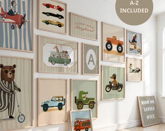 May include: A collection of framed art prints featuring whimsical illustrations of vehicles and animals. The prints include a red biplane, race cars, a green van with animals, a bear on a scooter, and a dog on a motorcycle. The text "A-Z INCLUDED" is visible.