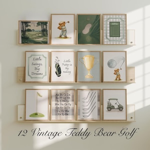 Vintage Teddy Bear Nursery Golf Prints, Set of 12 prints, Sage Green, Nostalgic Wall Decor, Vintage Sport Nursery Decor, Golf Boy Room Print