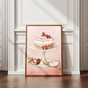Strawberry Cake Printable Art, Cake Food Poster, Pink Retro Kitchen Wall Art, Strawberry Cake Print, Vintage Style Cake Artwork Printable