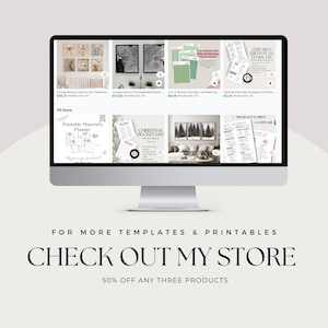 May include: A computer monitor displays various digital templates and printables, including nursery art, sports posters, baby led weaning guides, and birth plan templates. The text "CHECK OUT MY STORE" is visible below the monitor.