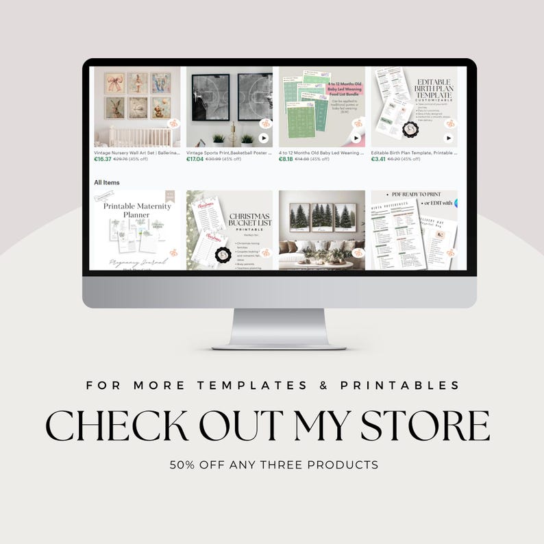 May include: A computer monitor displays various digital templates and printables, including nursery art, sports posters, baby led weaning guides, and birth plan templates. The text "CHECK OUT MY STORE" is visible below the monitor.