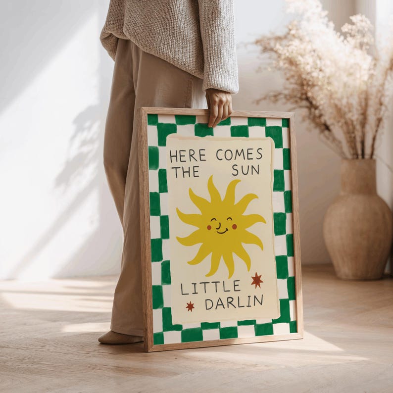 Here Comes The Sun Little Darlin Nursery Print, Boho Sunshine Wall Art, Modern Kids Room Decor, Above Bed Decor,Gender neutral nursery decor image 4