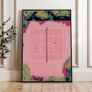 Vintage Tennis Wall Art, Pink Tennis Court Print, Small People Art, Retro Cute Tennis Art, College Apartment Decor, Gift for Tennis Player