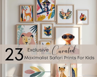 May include: A gallery wall arrangement of ten framed art prints featuring colorful illustrations of animals including a deer, monkey, butterfly, rabbit, lion, owl, meerkat, and leopard, with text reading 23 Exclusive Curated Maximalist Safari Prints For Kids.