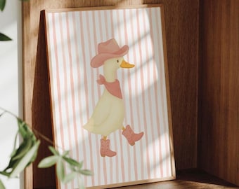 Silly Goose Wall Art, Cute Farm Animal Nursery Decor for Kids Room, Cowgirl Nursery Decor, Vintage Cowgirl Print, Striped Girls Room Decor