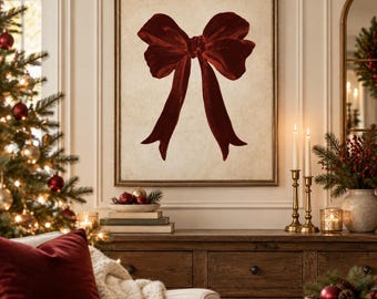 Vintage Burgundy Christmas Bow Wall Art | Elegant Red Bow Holiday Decor | Traditional Christmas Printable Art, Digital Download