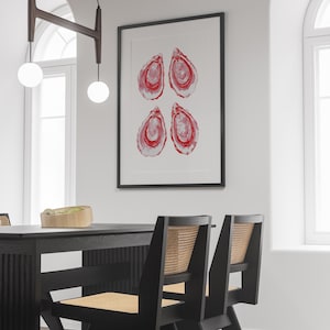 Impresión de pared de ostra rosa y roja, póster de cocina, impresión de pared minimalista, póster de mariscos, arte de cócteles de bar, arte costero, impresión de vida marina