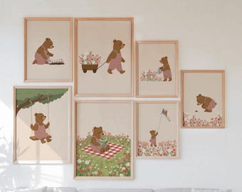 Vintage Bear Garden Nursery Prints,Woodland Nursery Wall Art Set of 7,Forest Animal Kids Room Decor,Storybook Illustrations,Digital Download