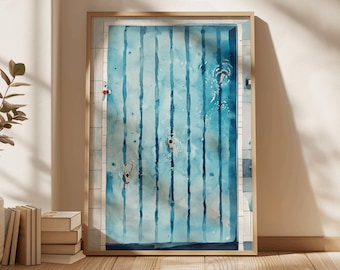 People Swimming in Pool Print, Tiny People Swimming, Modern Sports Poster, Minimalist Water Wall Art, Aquatic Decor,  Gift for Swimmer