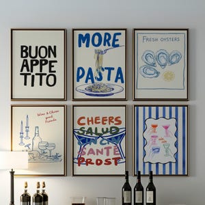 Set of 6 Print, Trendy Cin Cin Cheers Print, Retro Wine Poster, Pasta Night Food Print, Bar Cart Art Print, Maximalist Kitchen Print
