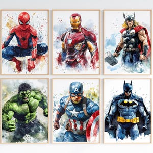 Superheld 6er Set Poster Aquarell Geschenk Printable Art Gallery Superhero Wand Kinderzimmer Dekoration Digital Download