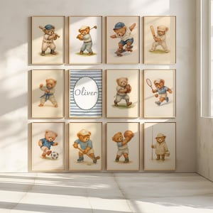 Set personalizzato di 12 stampe da parete sportive con orsacchiotti vintage, regalo per baby shower, illustrazioni ad acquerello, tema sportivo per la cameretta dei bambini.