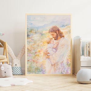 Jesus Holding a Newborn Baby Watercolor Painting, Christ&#39;s Embrace Wall Art, Christian Nursery Decor,  Baptism Newborn Baby Shower Gift