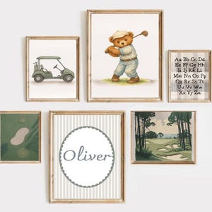 Vintage Teddy Bear Nursery Golf Prints, Set of 6 prints, Sage Green, Nostalgic Wall Decor, Vintage Sport Nursery Decor, Golf Boy Room Print