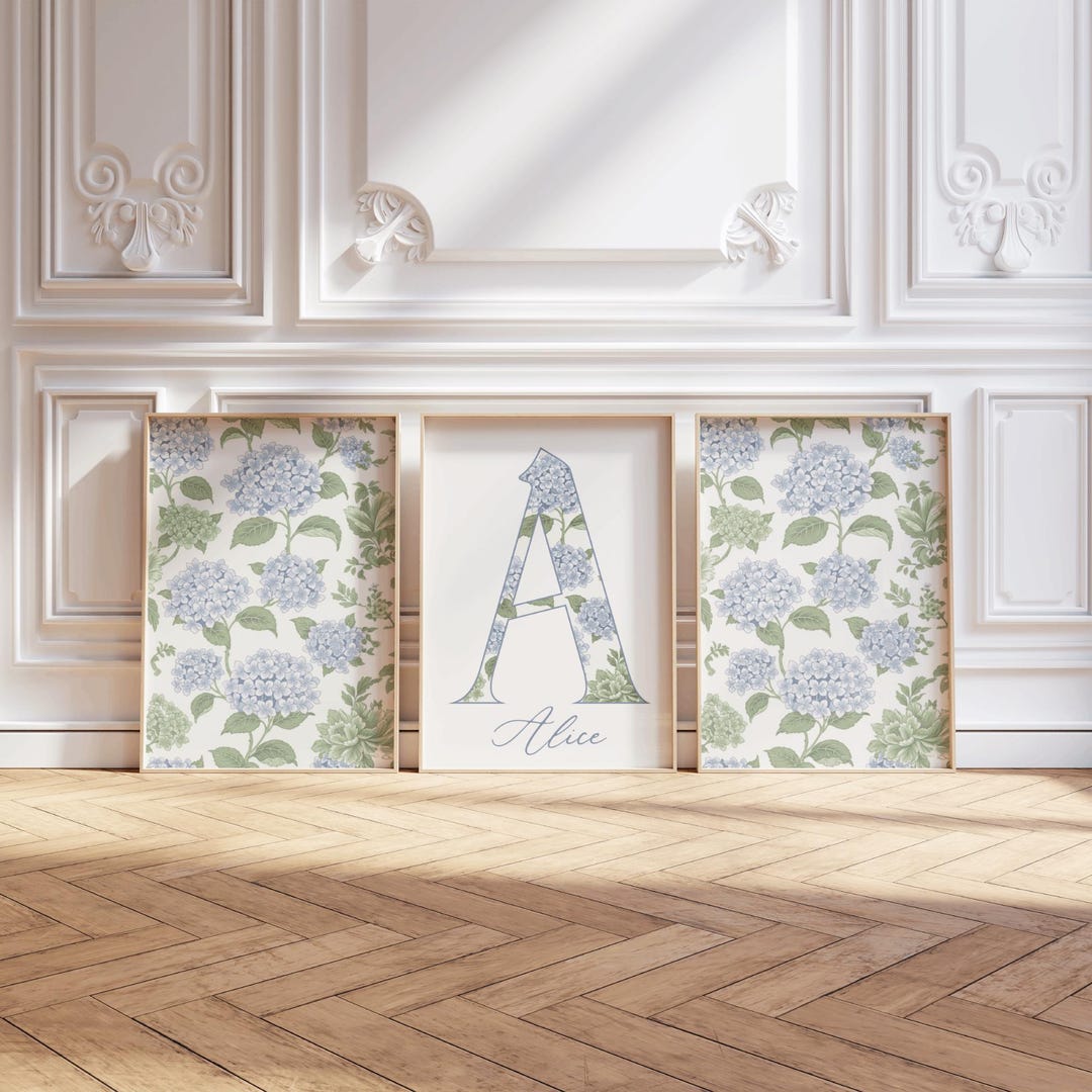 Custom Blue Hydrangea Print Set of 3, Custom Letter Printable Monogram ...