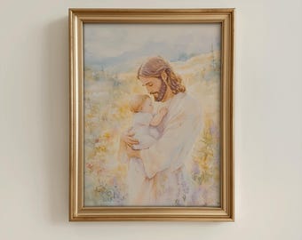 Jezus houdt baby engel vast, kunst kinderverlies, miskraamkunst, kunst van Jezus Christus, Jezuskunst, onder de vergeet-mij-nietjes, verlies van zwangerschap en baby