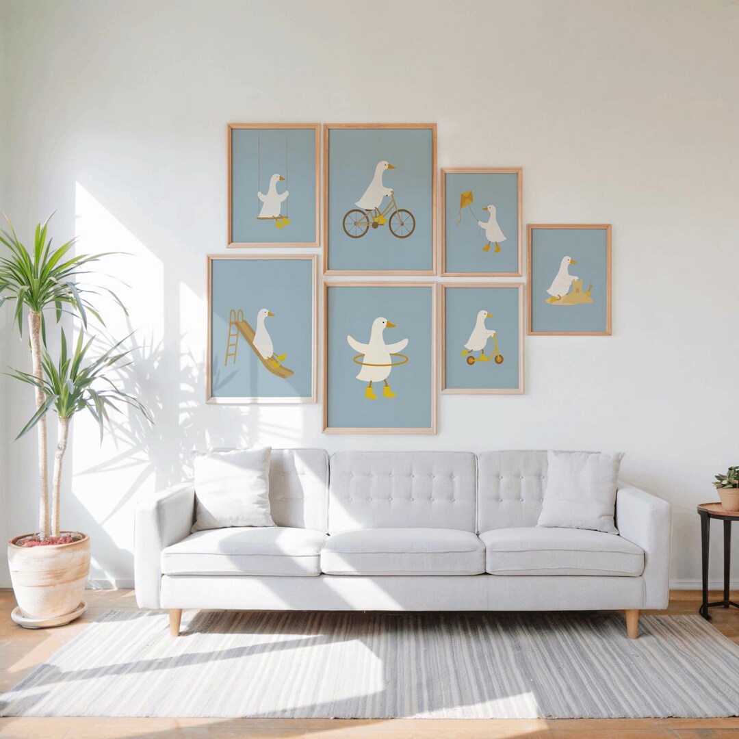 Blue Silly Goose Nursery Wall Art, Eclectic Nursery Wall Art Set of 7 ...