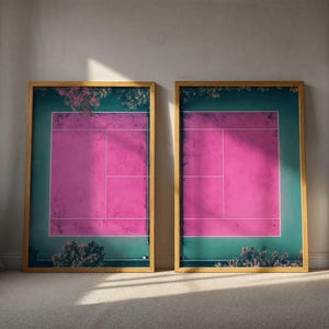 Vintage Tennis Wall Art, Set of 2 Pink Tennis Court Prints, Retro Tennis Art, Gift for Tennis Player, College Apartment Decor, Sports Prints