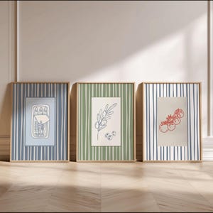 Mediterranean Kitchen Wall Art Set of 3, Blue Striped Sardines Print Olives Painting, Tomatoes Wall Art Watercolor Mediterranean Food Print