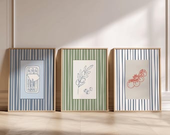 Mediterranean Kitchen Wall Art Set of 3, Blue Striped Sardines Print Olives Painting, Tomatoes Wall Art Watercolor Mediterranean Food Print