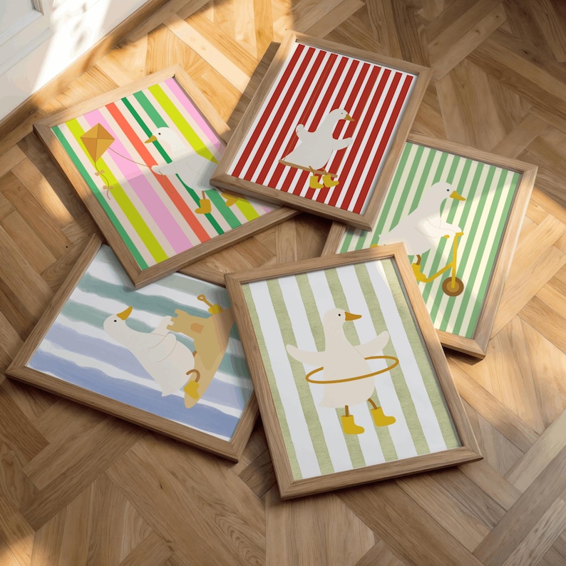 Striped Silly Goose Nursery Wall Art, Eclectic Nursery Wall Art Set of ...