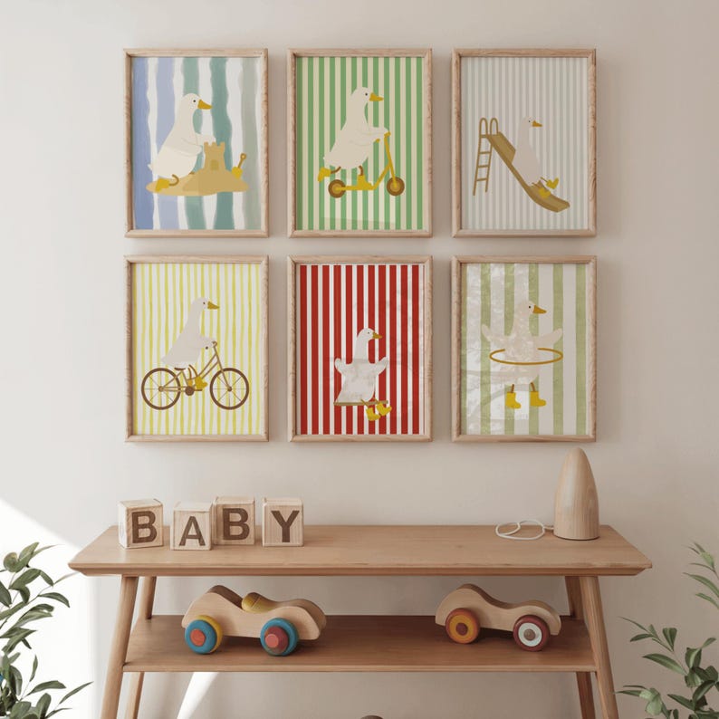 Striped Silly Goose Nursery Wall Art, Eclectic Nursery Wall Art Set of ...