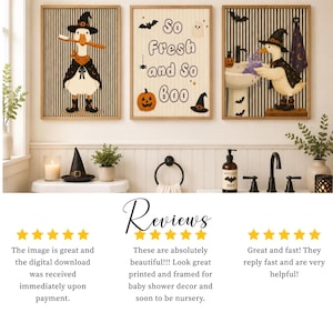 May include: Three framed wall art prints featuring a Halloween theme. The left print shows a duck in a witch hat holding a toothbrush. The center print displays the text So Fresh and So Boo with a pumpkin. The right print shows a duck washing hands.