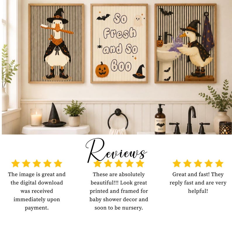 May include: Three framed wall art prints featuring a Halloween theme. The left print shows a duck in a witch hat holding a toothbrush. The center print displays the text So Fresh and So Boo with a pumpkin. The right print shows a duck washing hands.