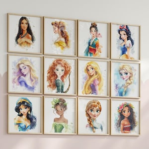 12 Digitale Prinzessinnen inspirierte Wandkunst auf buntem Hintergrund, Set von 12 Drucken, Spielzimmerdekor, Prinzessinnen-Themen-Kinderzimmer, gefrorene Wandkunst