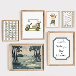 Vintage Teddy Bear Nursery Golf Prints, Set of 6 prints, Sage Green, Nostalgic Wall Decor, Vintage Sport Nursery Decor, Golf Boy Room Print