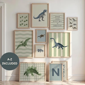 May include: A gallery wall set of ten framed prints featuring watercolour dinosaurs, dinosaur footprints, and the text RAWR means I love you in DINOSAUR. The collection includes various patterns like stripes, waves, and gingham in shades of green and blue.