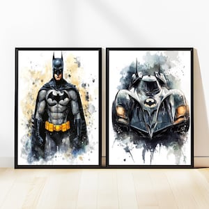 High Quality | Watercolor Superhero & Car Art Set of 2 | Superhero Wall Decor for Office, Game Room, Playroom | Digital Download Printable