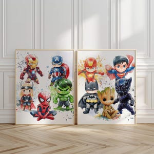 Juego de 2 láminas de arte mural de superhéroes, decoración para habitación de niños, pósteres con temática de superhéroes para guardería, descarga digital imprimible.