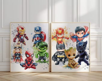 Super Heroes Wall Art Set of 2 Prints, Boys Room Decor, Playroom Wall Art Nursery Super Heroes Themed Posters, Printable Digital Download