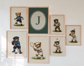 Personalized Set of 6 Vintage Teddy Bear Sports Wall Art, Babyshower Gift Boy,Watercolor llustrations,Sport Theme Boy Nursery Kid Room Decor