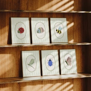 Vintage Insects Wall Art - Set of 6, Striped Eclectic Bugs Nursery Wall Art Print, Scandinavian Nursery, Montessori Wall Art Set, Digital