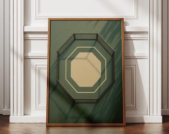 May include: Framed artwork featuring an octagonal design. The artwork has a dark green background with a lighter tan octagon in the center, outlined in white. A black wireframe octagon is layered on top. The frame is a warm brown color.