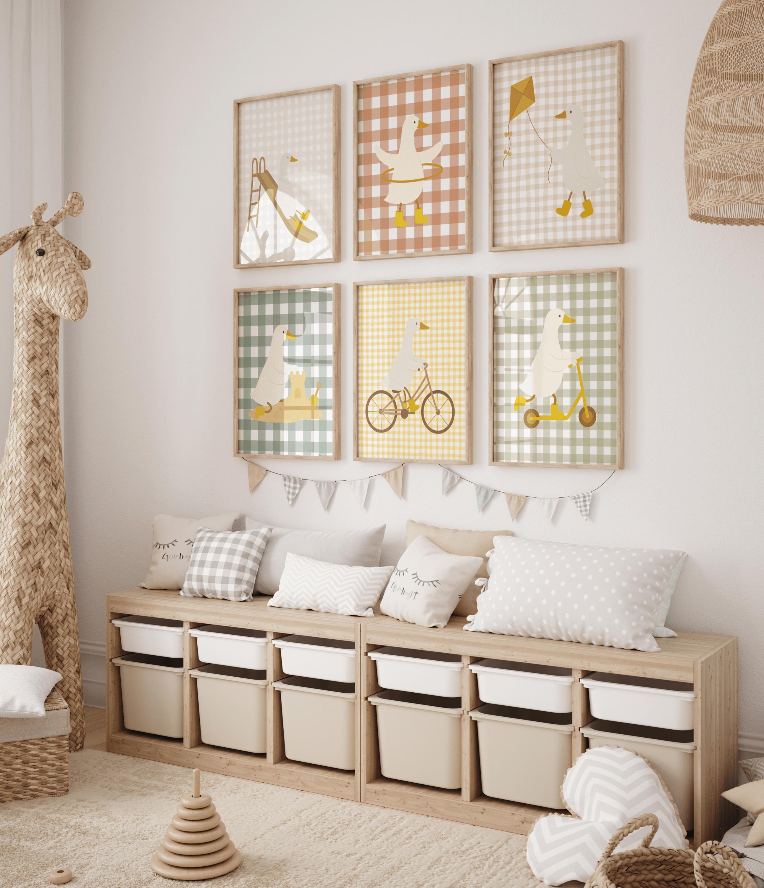 Gingham Silly Goose Nursery Wall Art, Eclectic Nursery Wall Art Set of ...