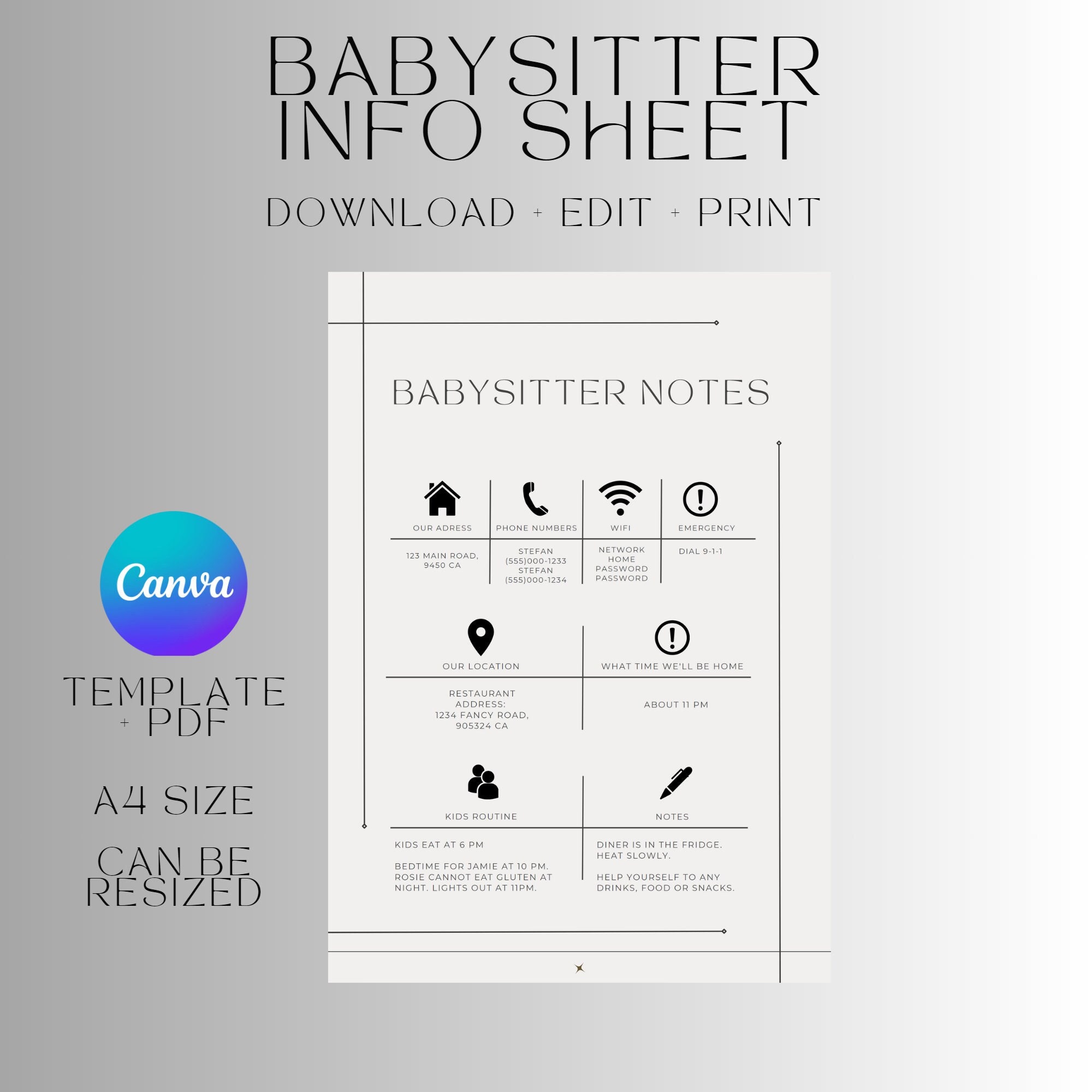 Editable Babysitter Information Sheet Template, Canva Template