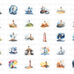 May include: A collection of 30 watercolour illustrations of lighthouses in various settings. Each lighthouse is painted in red and white stripes with a black roof. The illustrations feature different backgrounds, including seascapes, landscapes, and skies with rainbows and moons.