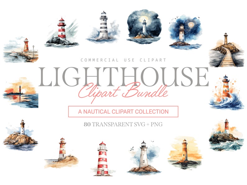May include: A set of 80 watercolour illustrations of lighthouses in various styles and settings. The illustrations are perfect for creating nautical themed designs, invitations, and other projects.