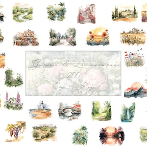 Garden & Landscapes Watercolor Clipart Bundle - 200 Designs | Natural Scenery | Landscape Illustrations | High Res | For Commercial Use