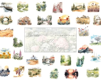 Garten & Landschaften Aquarell Clipart Bundle - 200 Designs | Naturlandschaft | Landschaft Illustrationen | Hochauflösend | Für kommerzielle Nutzung