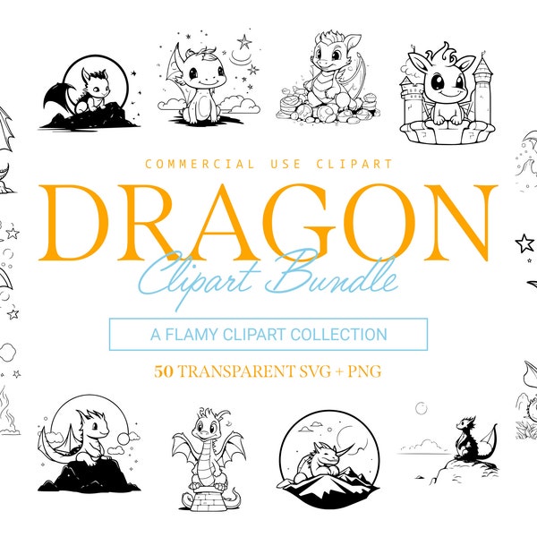 Cute Dragon Clipart Bundle - 50 Designs | SVG & PNG | High Resolution | Mystical and Majestic | For Commercial Use