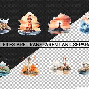 May include: A set of eight watercolour illustrations of lighthouses in various settings. The lighthouses are red and white with black accents. The illustrations include a lighthouse on a rocky shore, a lighthouse on a cliff, a lighthouse in a storm, a lighthouse at sunset, a lighthouse with a boat, a lighthouse with a bridge, a lighthouse with a forest, and a lighthouse with a field of flowers.